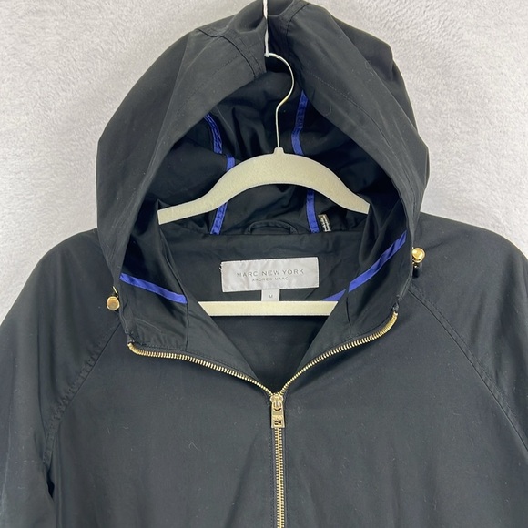 Marc New York Windbreaker Jacket Sz M Black Gold Buttons Hooded Zip Front EUC - Picture 3 of 11